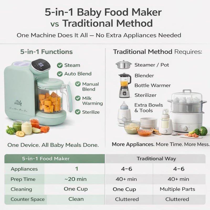 chefhandy Baby Food Maker with Stainless Steel Steam Basket, One Step 5-in-1 Baby Food Processor Steamer Blender & Steam Cleaning, Auto Cooking, Puree & Baby Warmer with 6 Food Pouches, BPA-Free,Green - Image 5